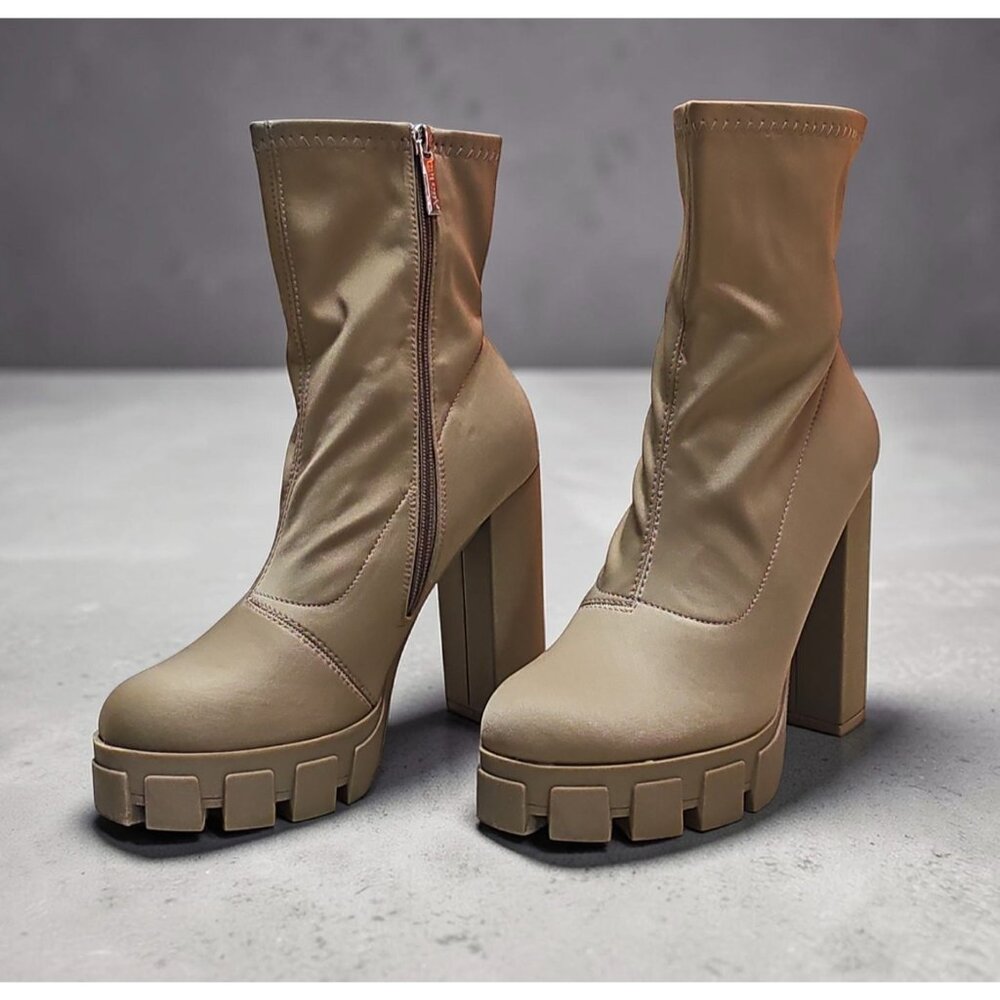 Chunky Platform Block Heel Ankle Boots With Side Zipper In Taupe Satin Material - Picture 2 of 10